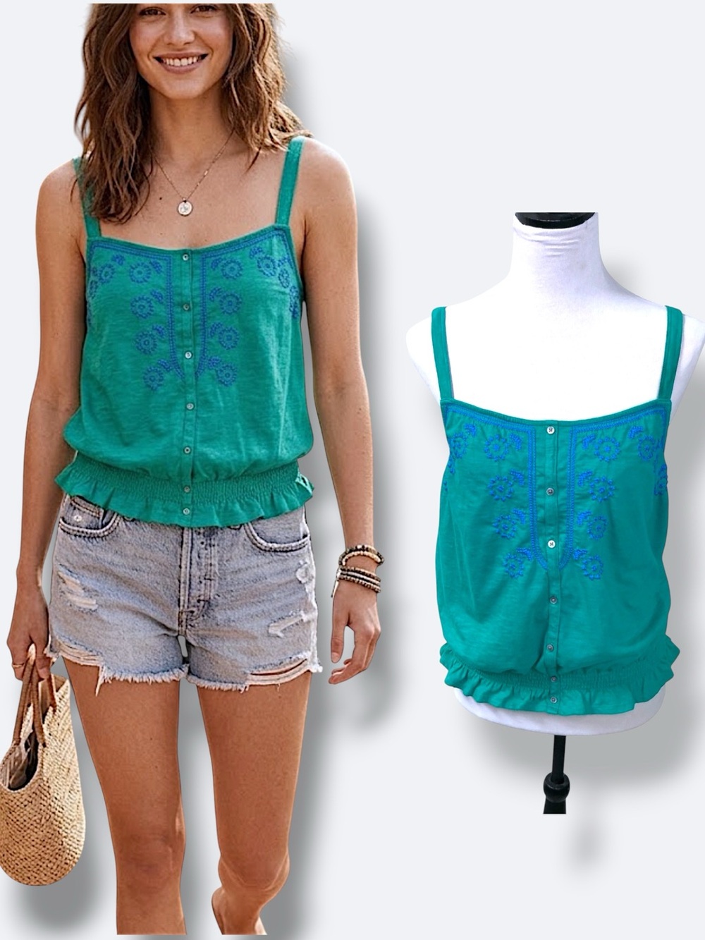 American Eagle AEO Boho Camisole Embroidered Adjustable Strap Green Teal Blue XL